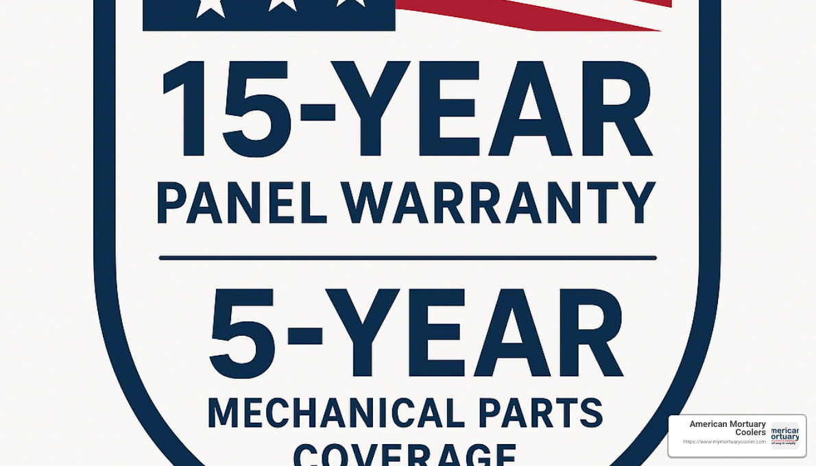 Warranty badge showing 15-year panel and 5-year mechanical parts coverage - morgue fridge for sale