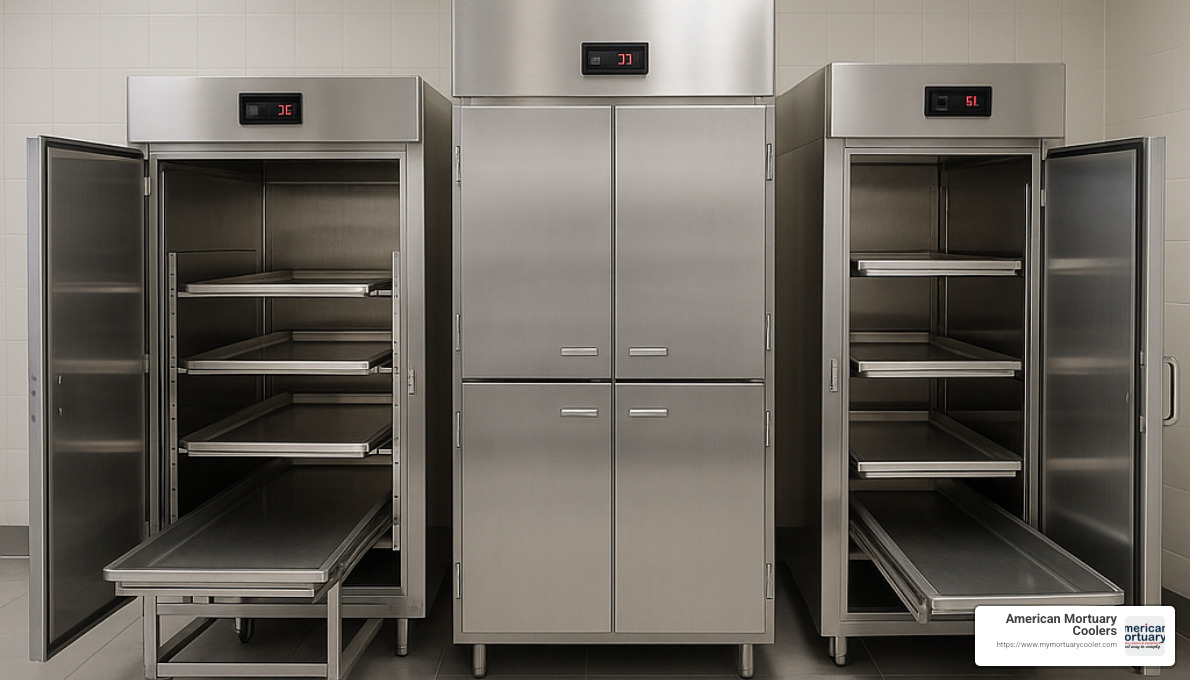 Different types of morgue refrigerators including roll-in, upright, and side-loading models - morgue fridge for sale