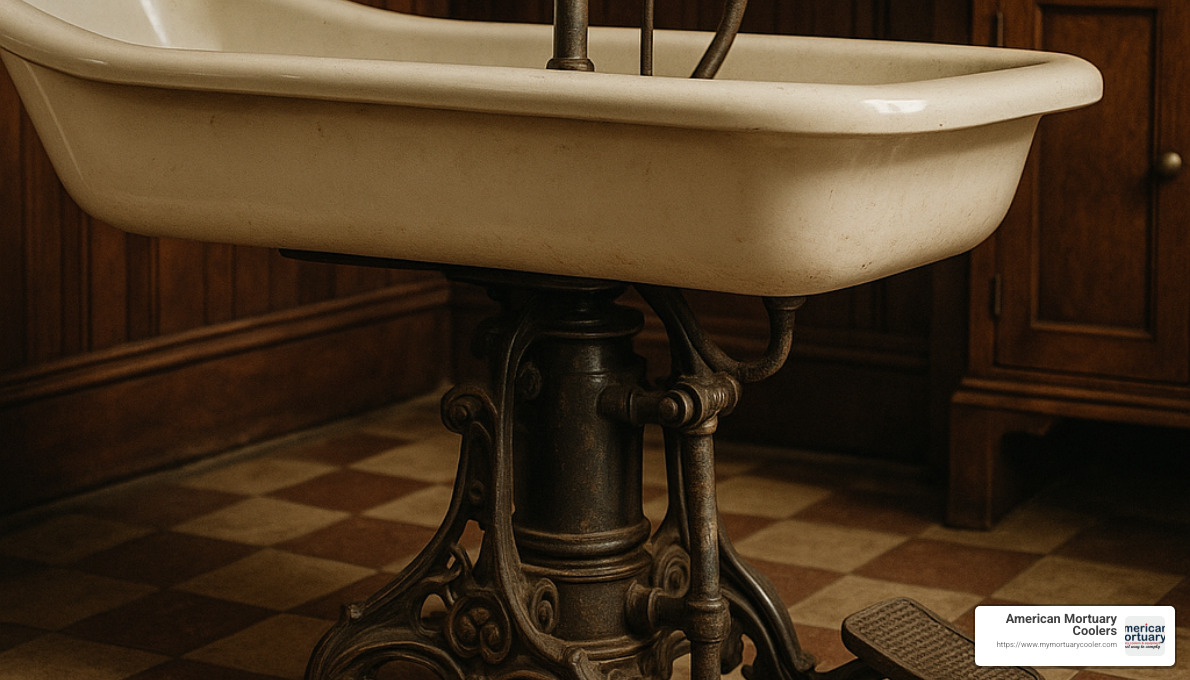 antique hydraulic embalming table mechanism - antique porcelain embalming table
