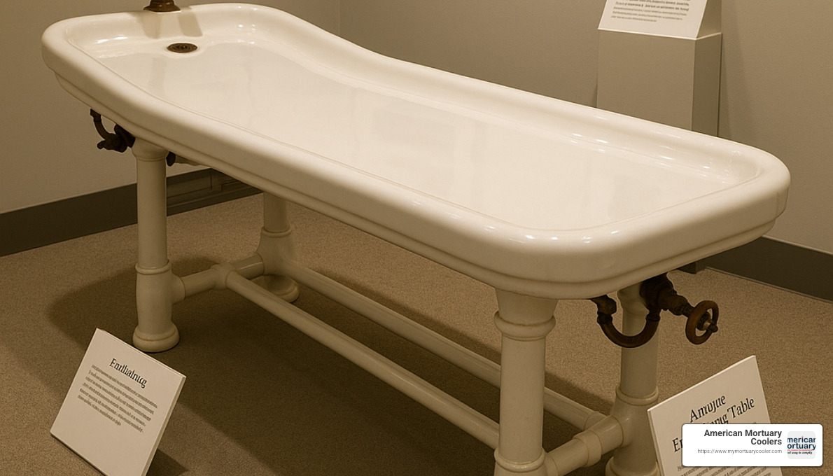 Restored porcelain embalming table in museum display - antique porcelain embalming table
