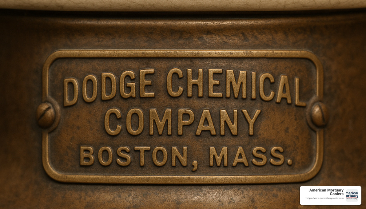 Dodge Chemical Company manufacturer's tag - antique porcelain embalming table