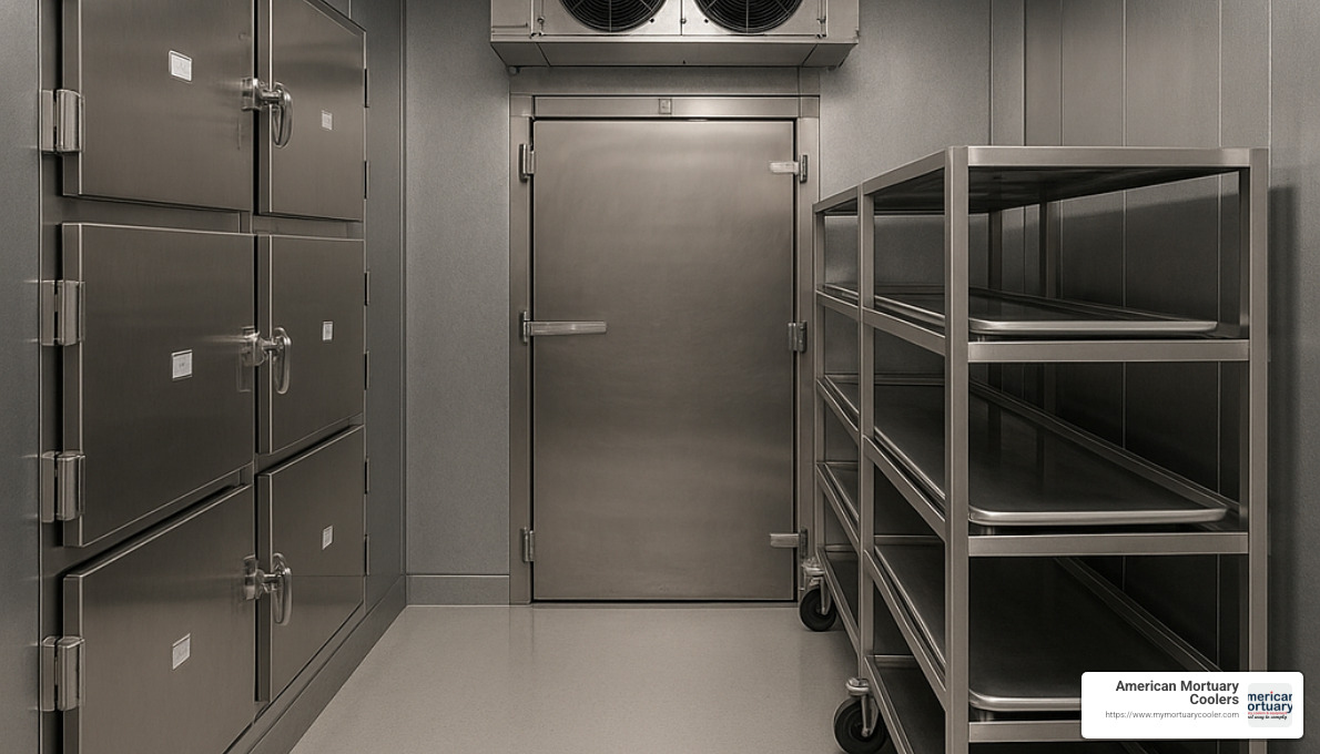 Modern walk-in morgue refrigeration system with multiple storage racks - morgue fridge for sale