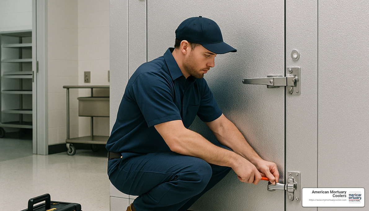 Technician installing walk-in body storage freezer - body storage freezer