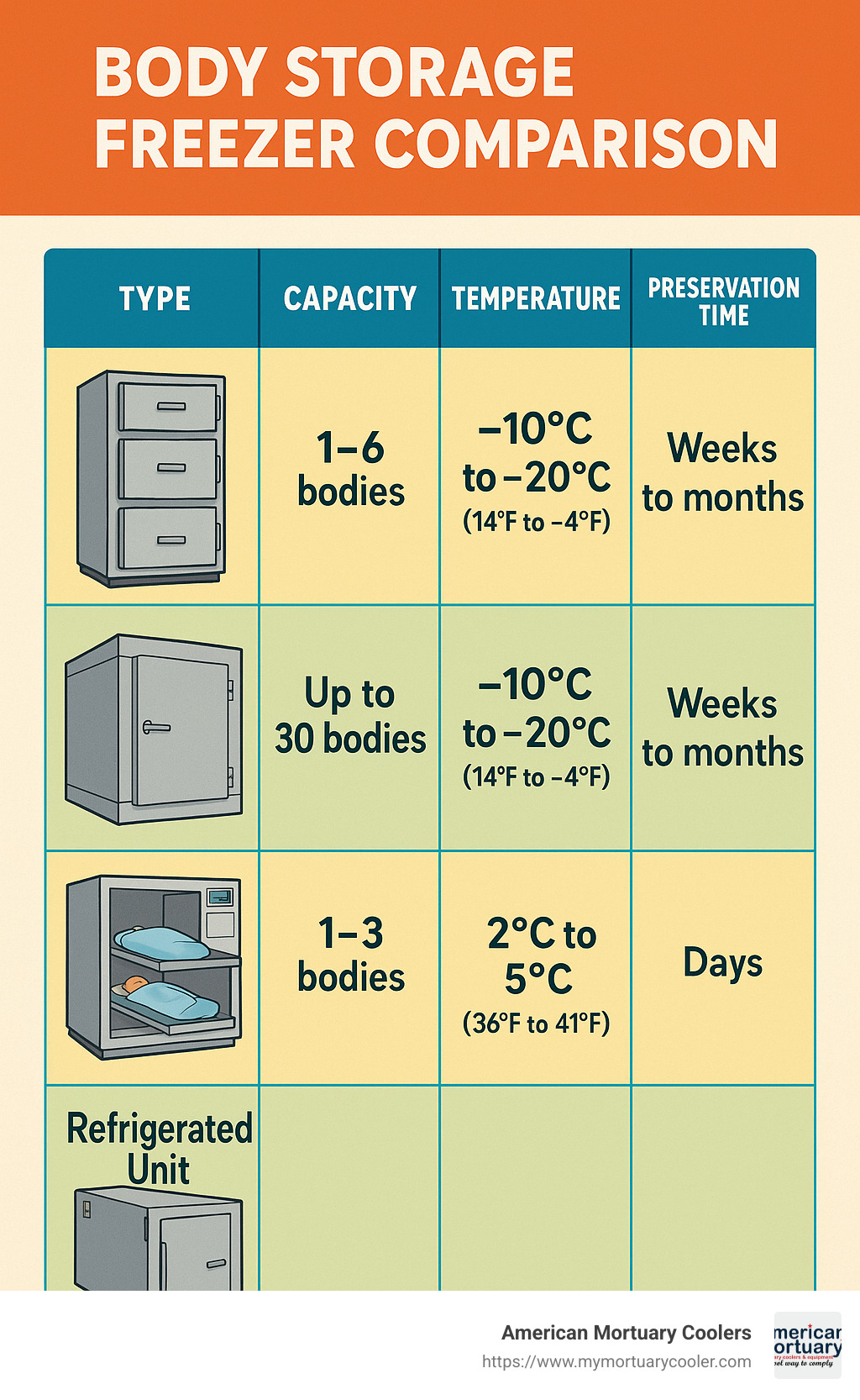 Comparison chart showing body storage freezer types, capacities, temperatures, and preservation times - body storage freezer infographic 