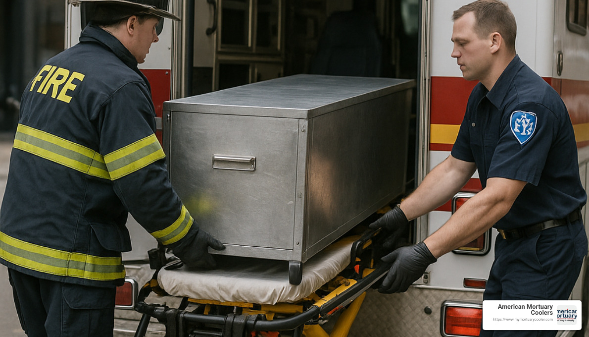Mobile body box being loaded into ambulance for emergency response - body storage freezer