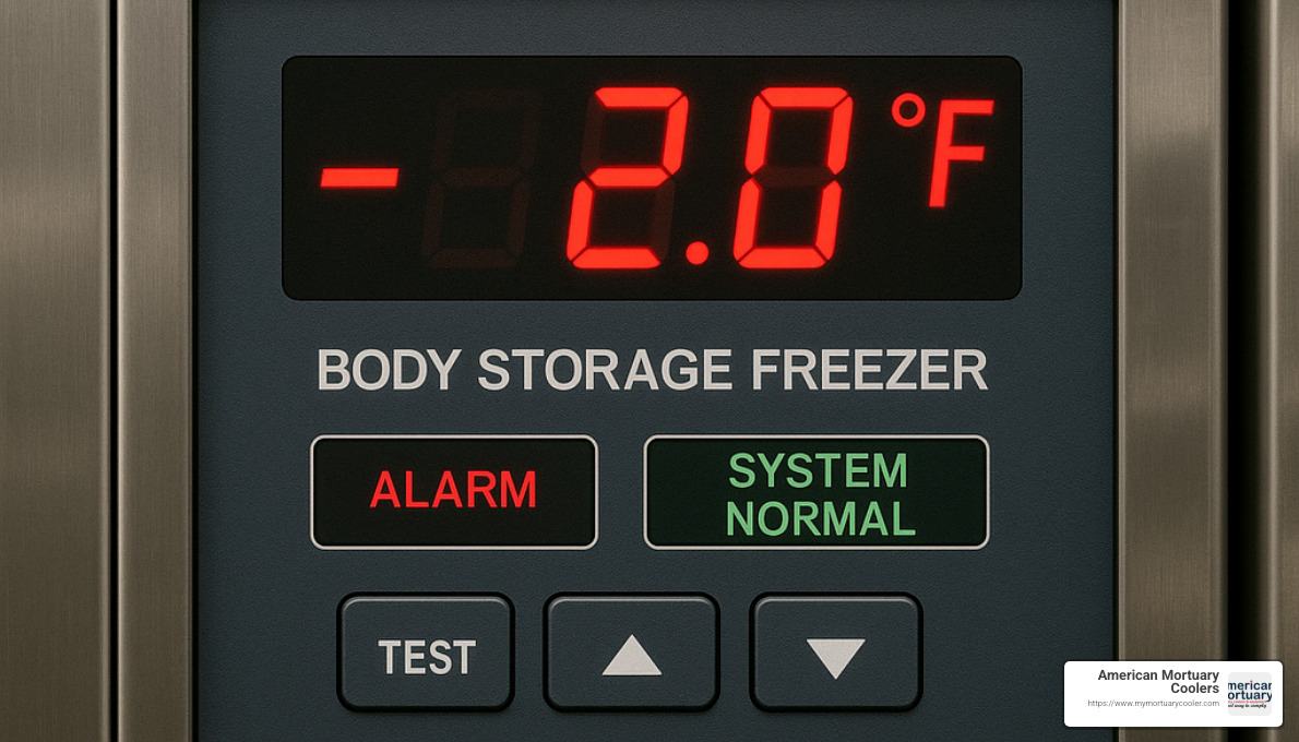Temperature control panel on modern body storage freezer - body storage freezer