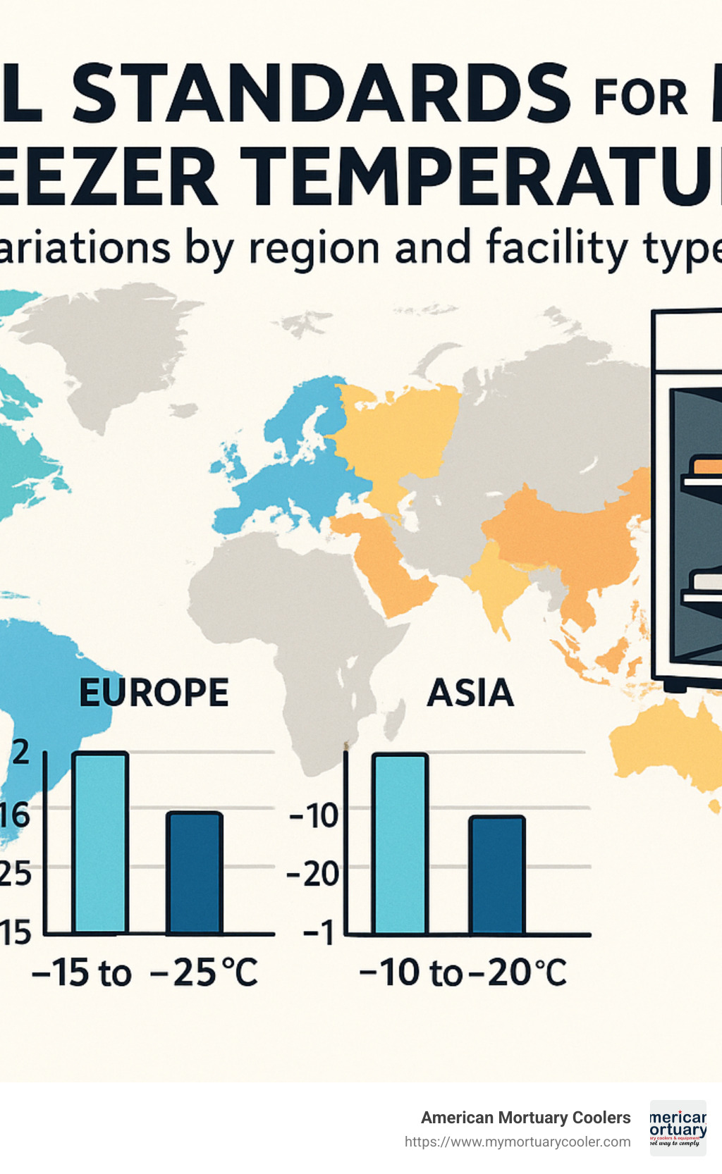 Global standards for morgue freezer temperatures showing variations by region and facility type - how cold is a morgue freezer infographic 