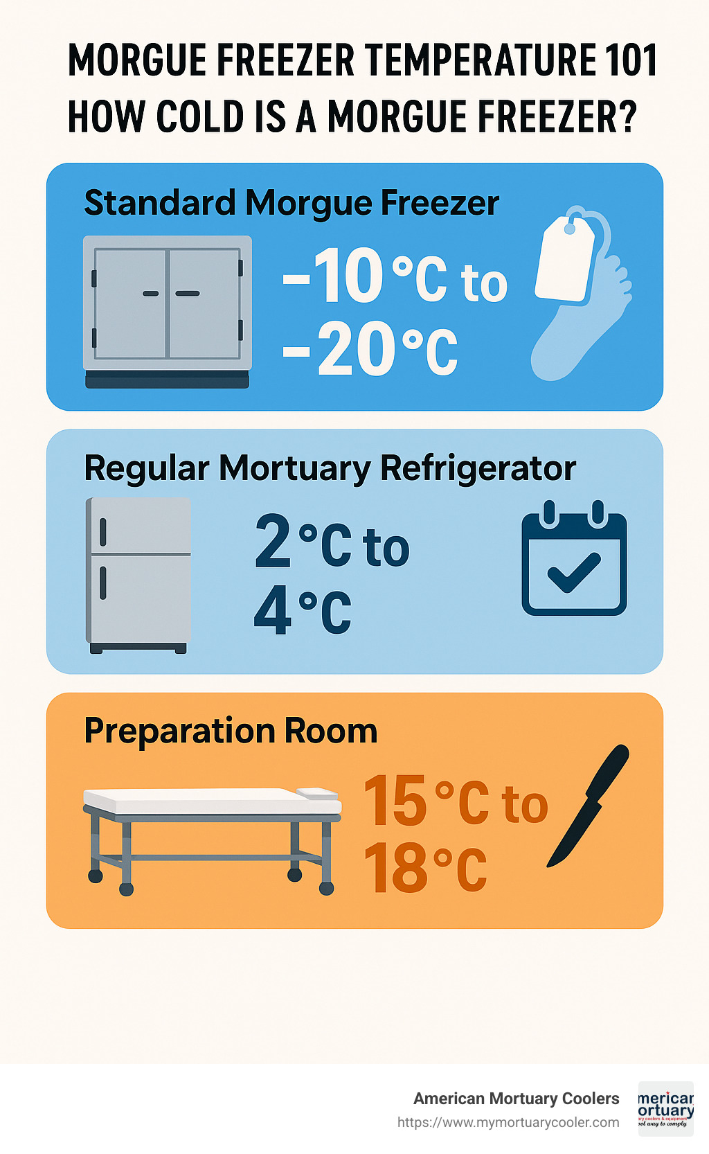 Temperature ranges for different types of mortuary refrigeration systems, showing standard morgue freezers at -10°C to -20°C, regular mortuary refrigerators at 2°C to 4°C, and preparation rooms at 15°C to 18°C, with visual indicators of appropriate uses for each temperature range - how cold is a morgue freezer infographic 