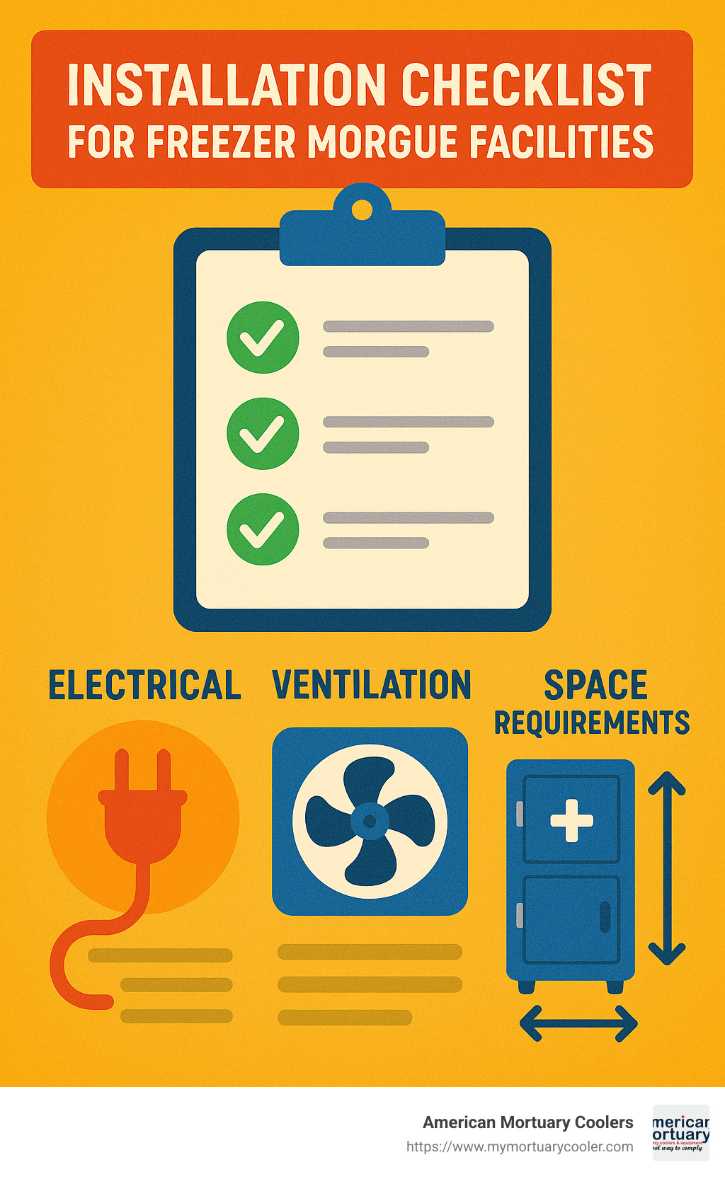 Installation checklist for freezer morgue facilities showing electrical, ventilation, and space requirements - freezer morgue infographic 