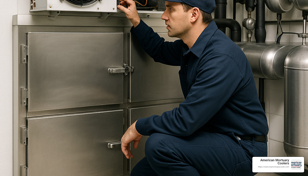 Technician servicing condenser unit of freezer morgue - freezer morgue
