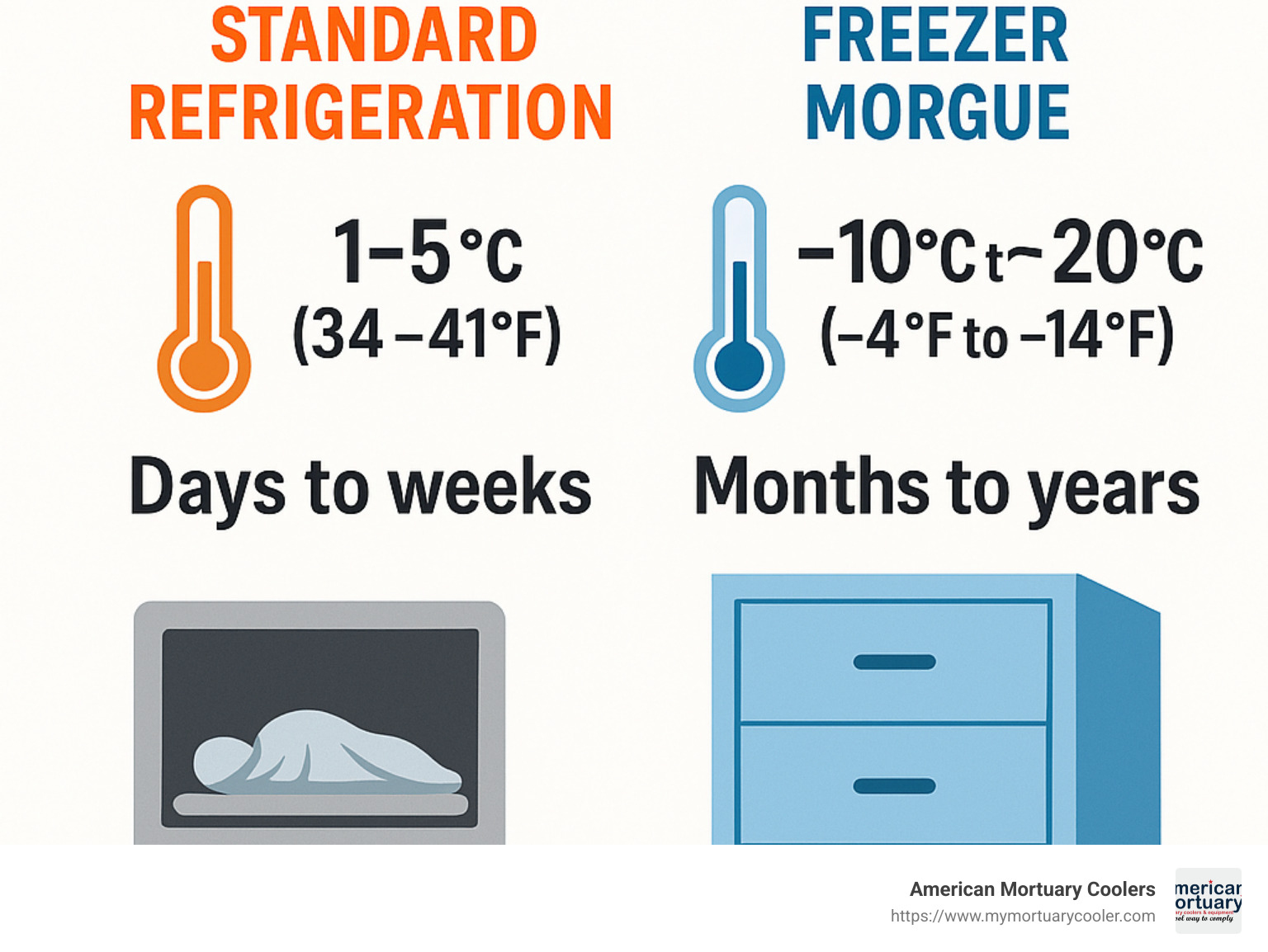 Comparison of body preservation times at different temperatures showing standard refrigeration vs freezer morgue preservation capabilities - freezer morgue infographic 