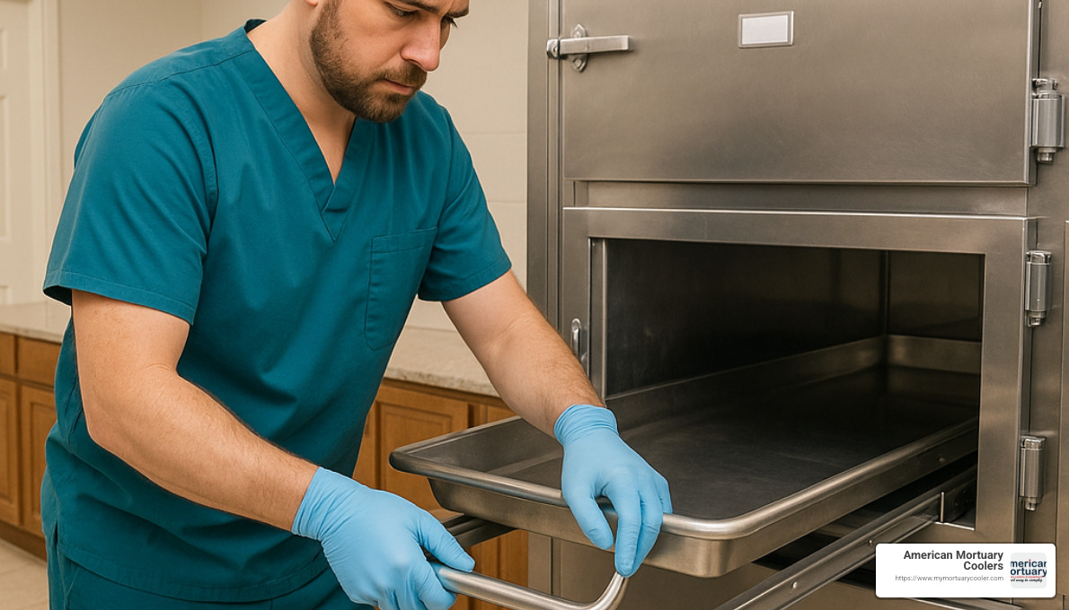 American mortuary professional preparing a cooler unit - american mortuary