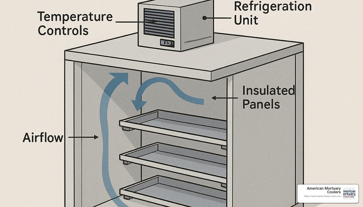 Diagram of mortuary chamber refrigeration system showing components - Mortuary chamber
