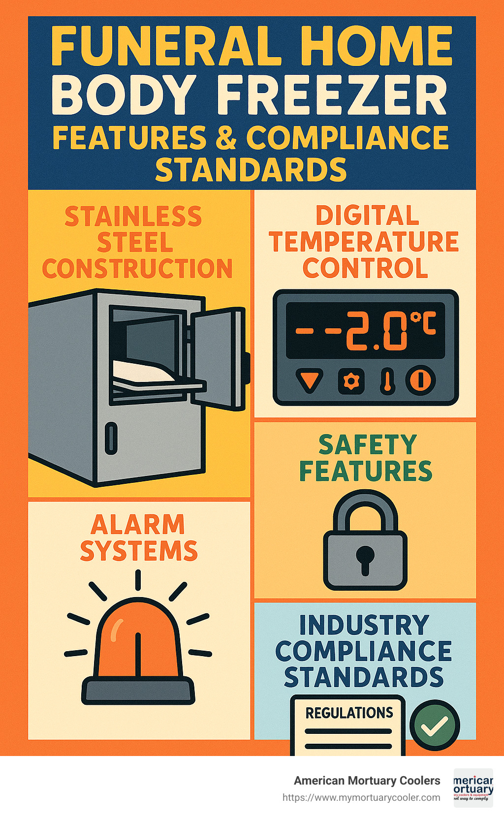 Comparison of funeral home body freezer features and compliance standards - funeral home body freezer infographic 