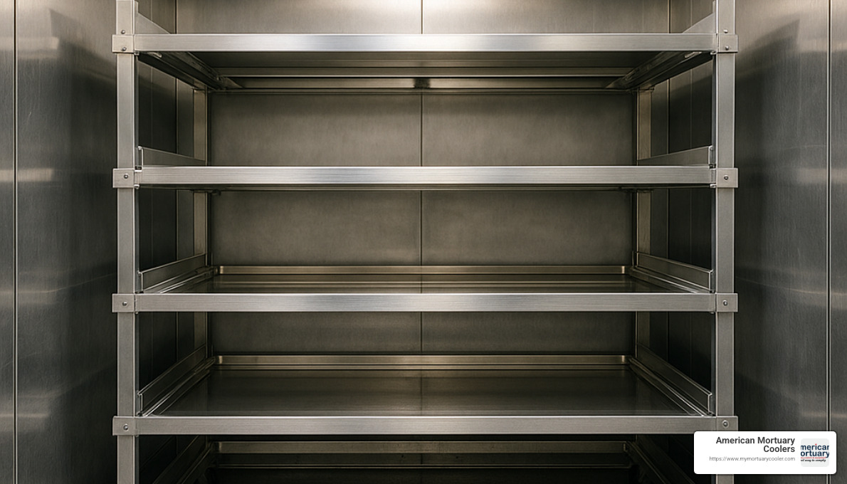 Body box storage rack system in mortuary cooler - funeral home body freezer