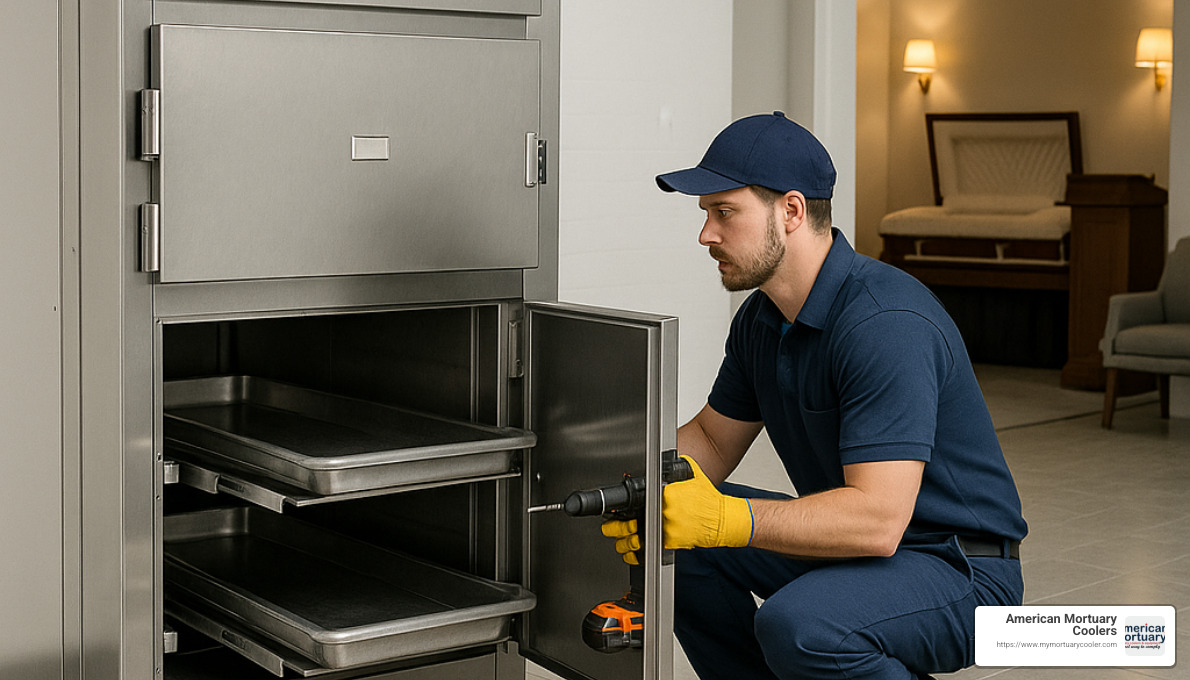 Technician installing a mortuary chamber in a funeral home - Mortuary chamber