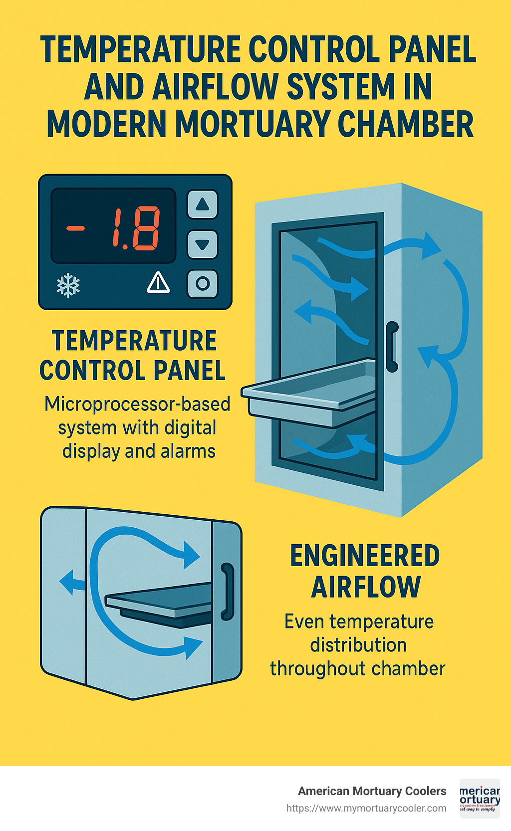 Temperature control panel and airflow system in a modern mortuary chamber - Mortuary chamber infographic 