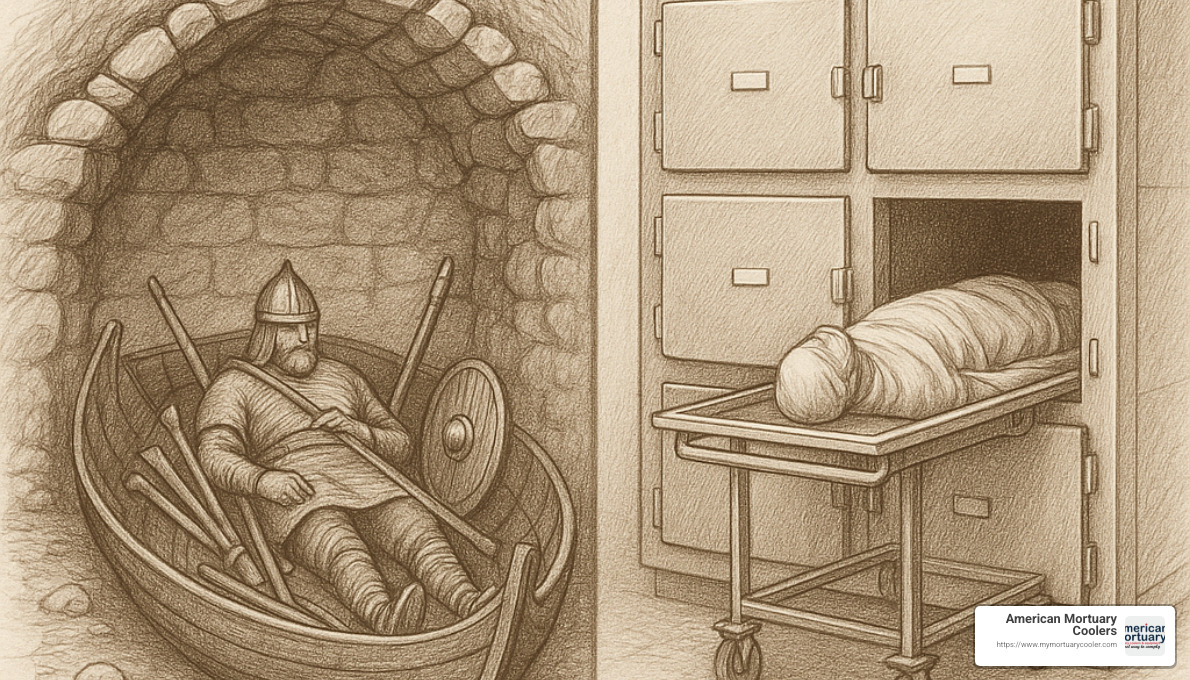 Sketch of Viking chamber-grave compared to modern mortuary chamber - Mortuary chamber