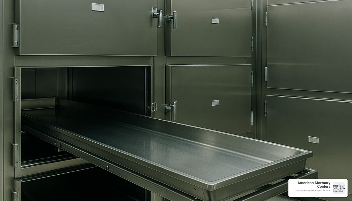 Interior of a mortuary chamber with pull-out trays and digital temperature display - Mortuary chamber