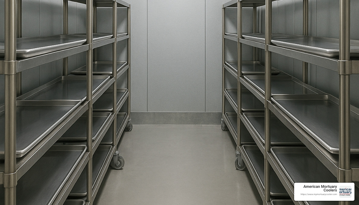 Interior panorama of walk-in morgue cooler with body rack system - morgue freezer pictures
