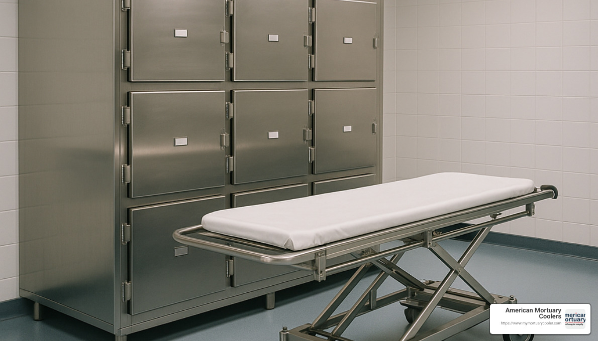 Double-stack hospital morgue unit with gurney transfer system - morgue freezer pictures