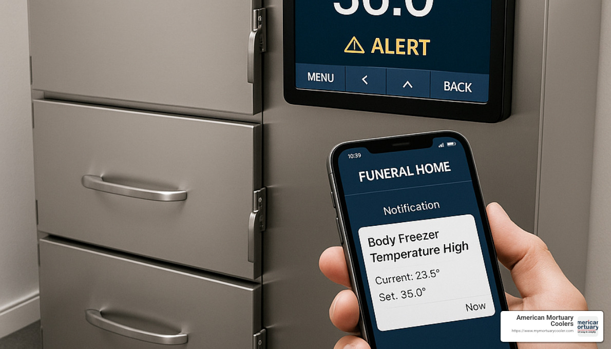 Smart freezer interface with remote monitoring capabilities - funeral home body freezer