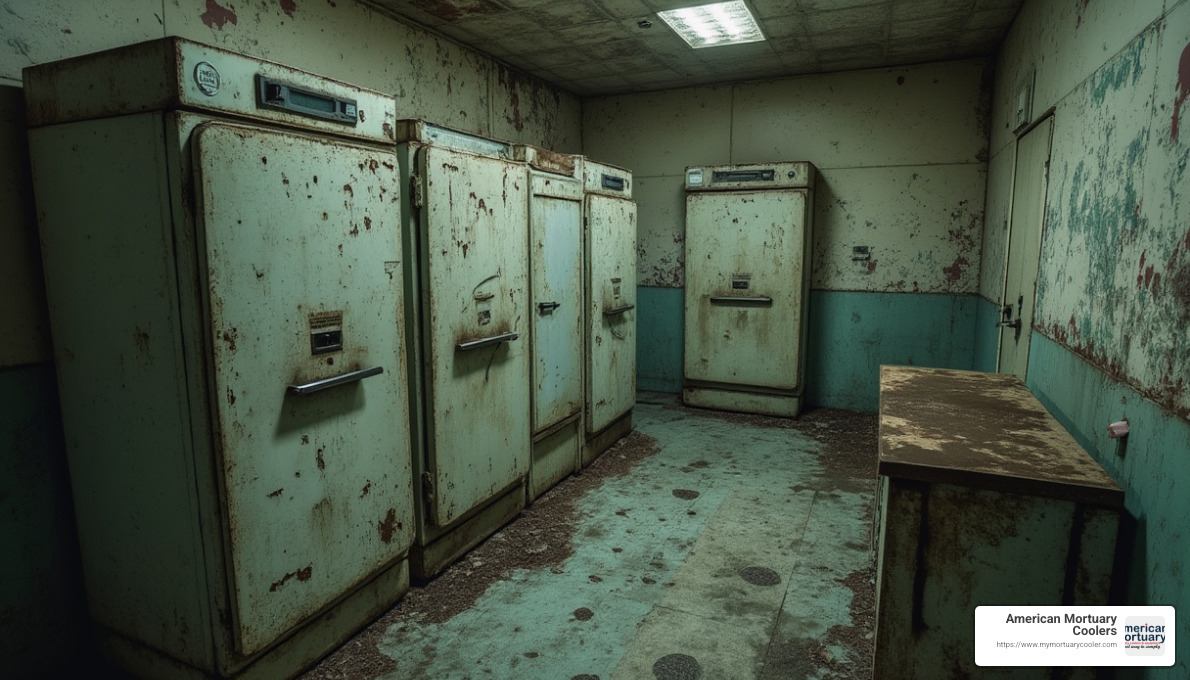 Abandoned morgue freezer with vintage equipment and peeling paint - morgue freezer pictures