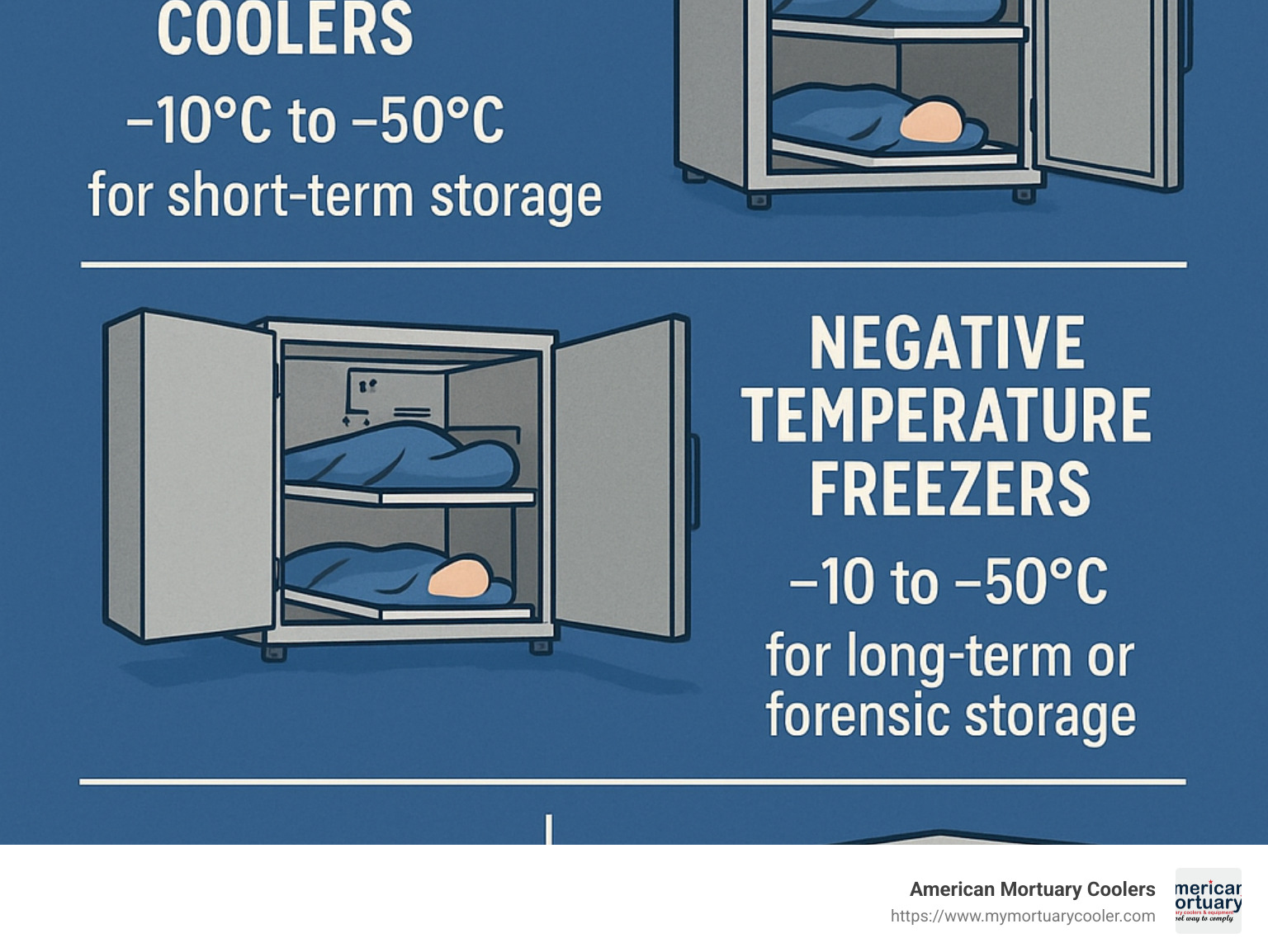 Funeral home body freezer types showing positive temperature coolers (2-5°C) for short-term storage, negative temperature freezers (-10 to -50°C) for long-term or forensic storage, capacity ranges from 1-50 bodies, and construction featuring stainless steel interior with 4-inch polyurethane insulation - funeral home body freezer infographic 