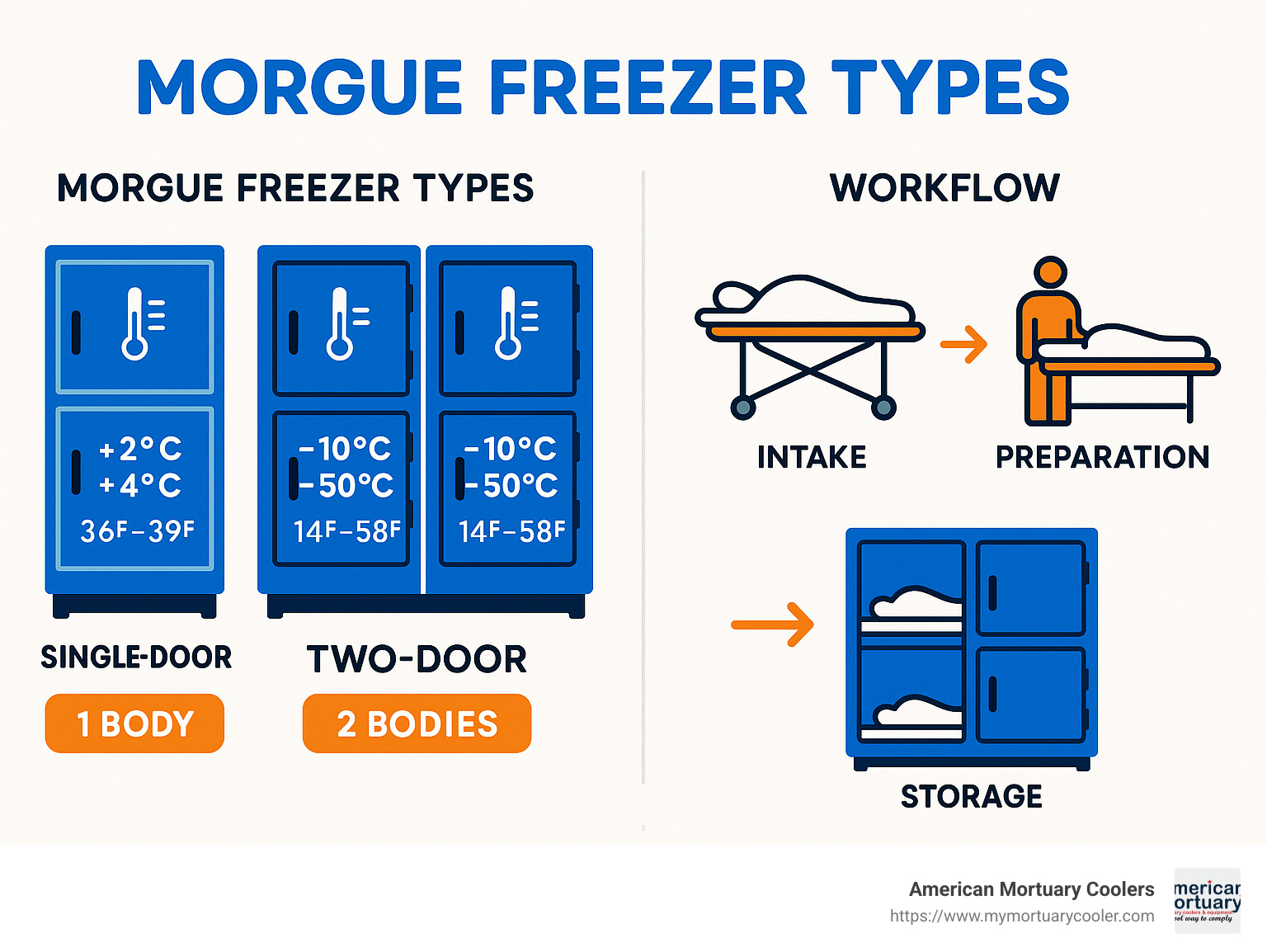 Diagram showing morgue freezer types, temperature ranges, body capacity, and workflow from intake to storage - morgue freezer pictures infographic 