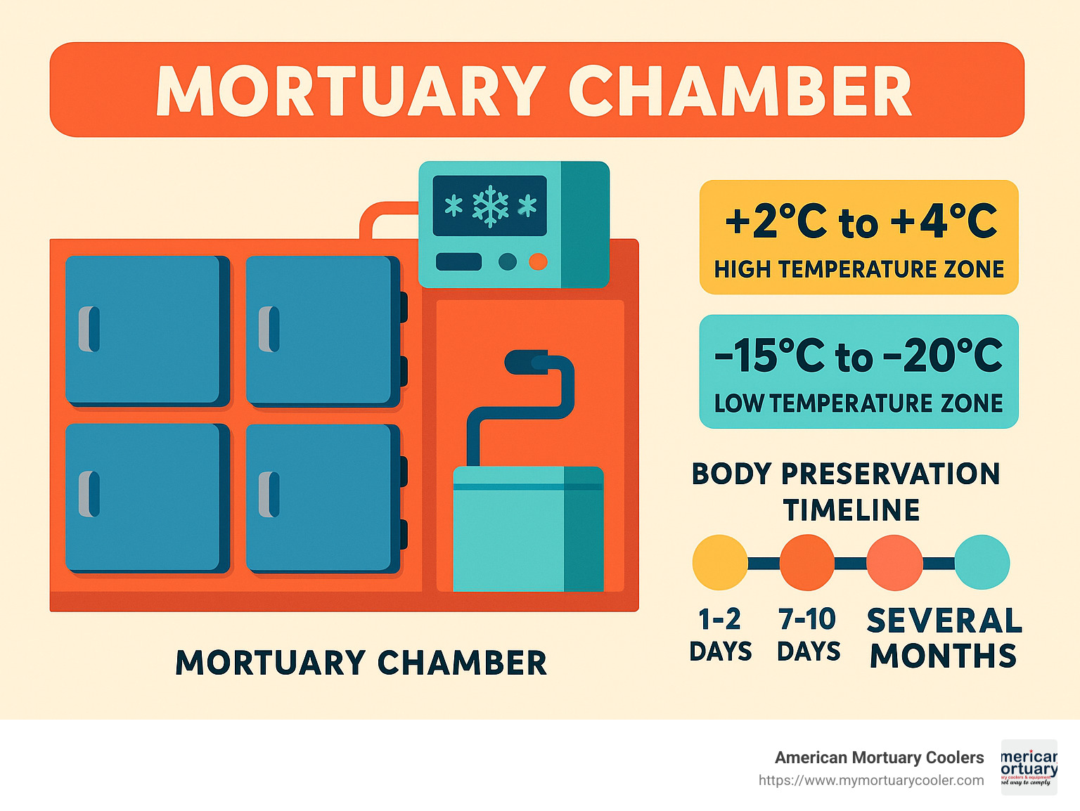 Diagram showing the components and temperature zones of a standard mortuary chamber with body preservation timeline - Mortuary chamber infographic 