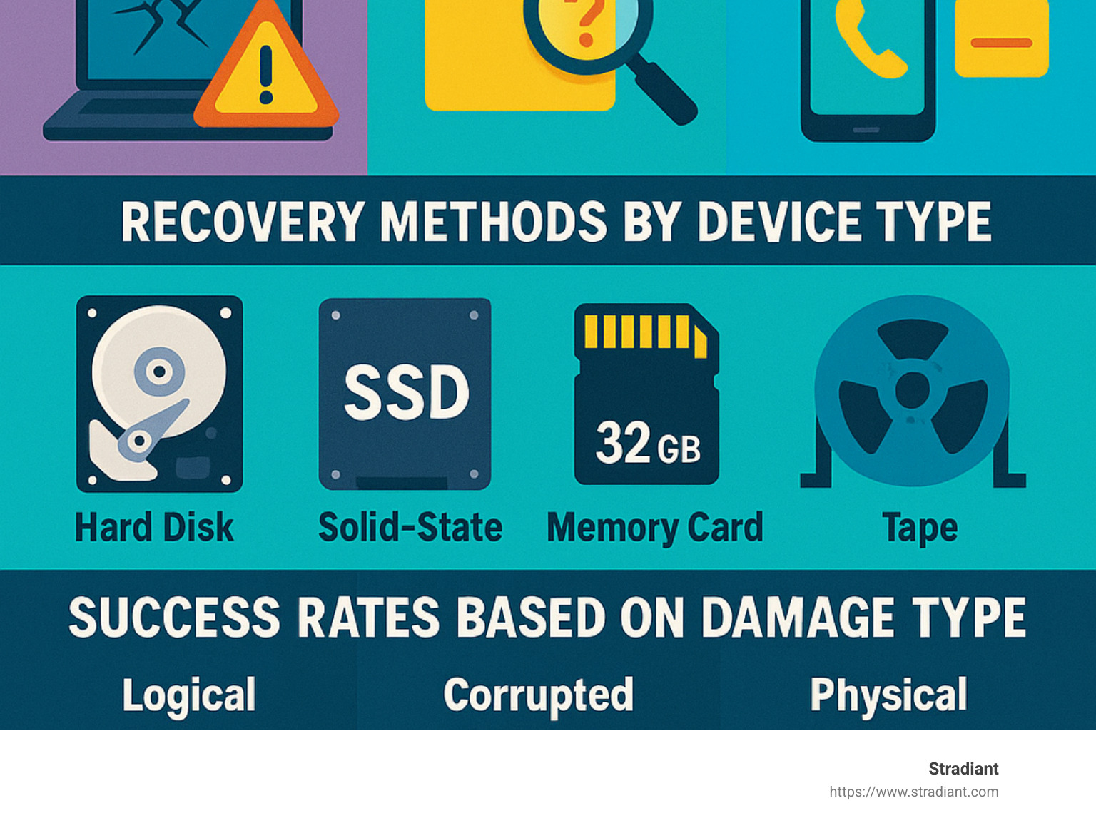 Data recovery process showing immediate steps after data loss, recovery methods by device type, success rates based on damage type, and the 3-2-1 backup rule for prevention - how to recover data infographic 