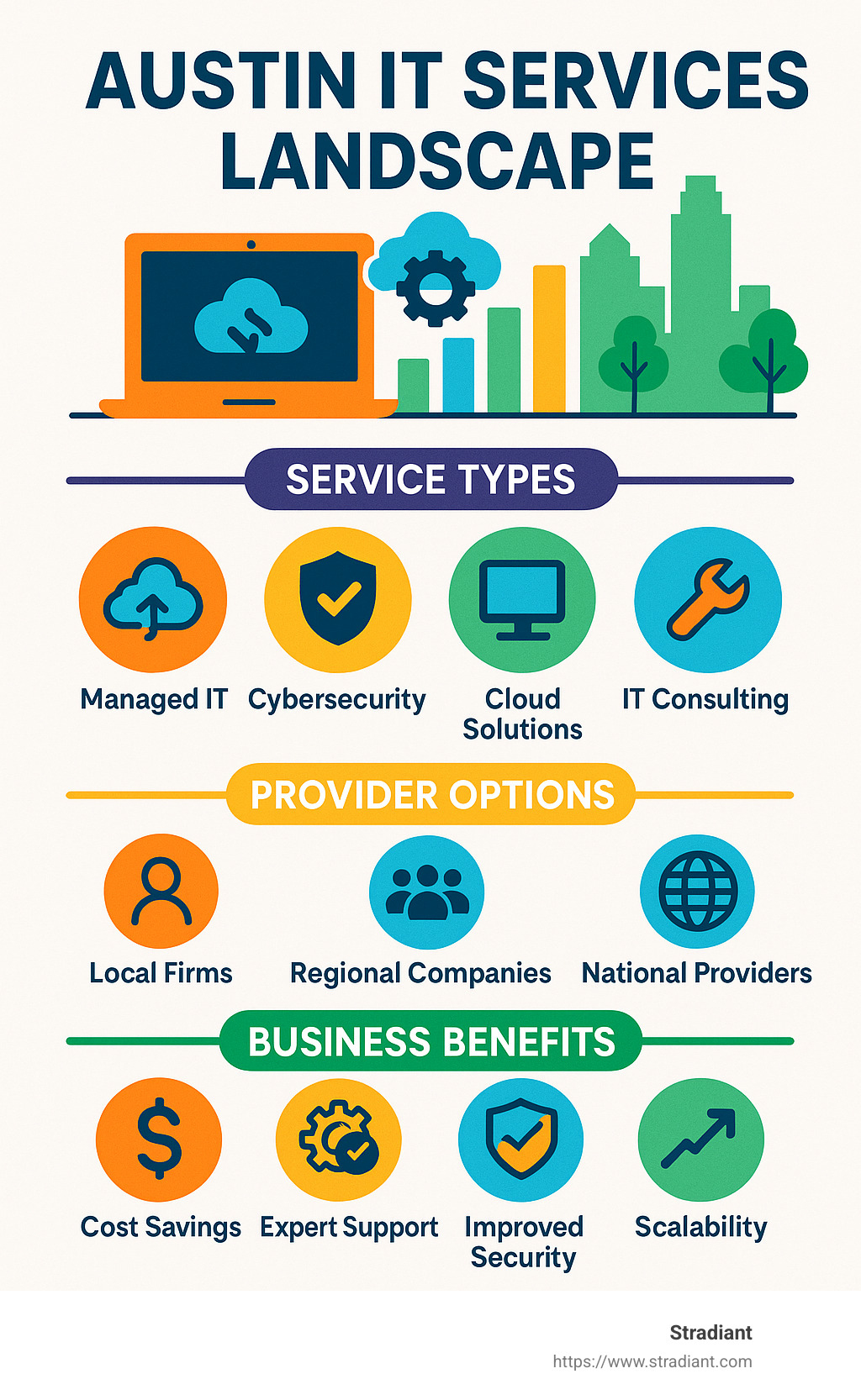 Austin IT Services Landscape showing the breakdown of service types, provider options, and business benefits for companies in the Greater Austin area - austin it services infographic 