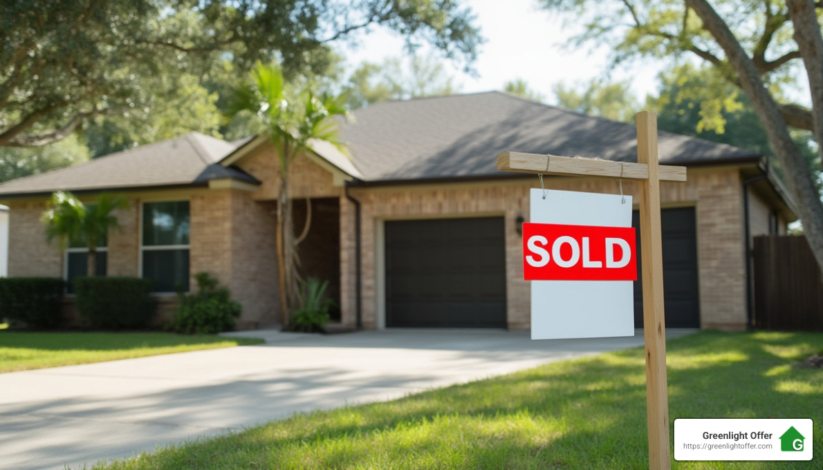 Sold sign in front of a brick house with palm trees, representing quick home sales in Houston by Greenlight Offer.