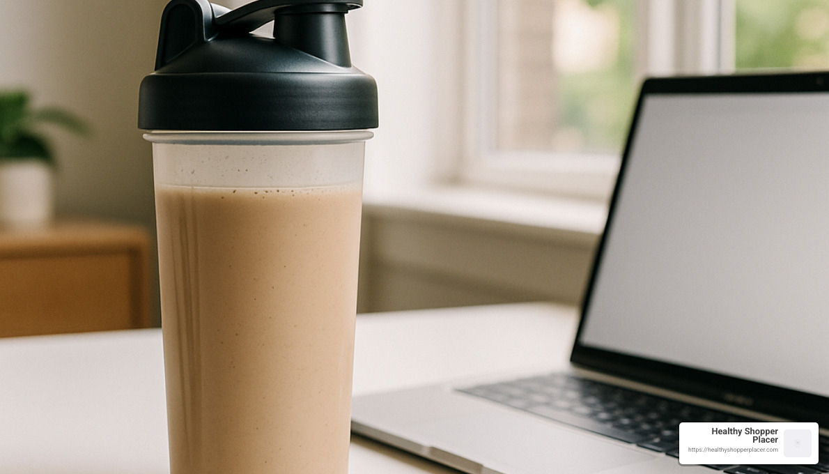 shaker bottle next to laptop - vegan protein powder