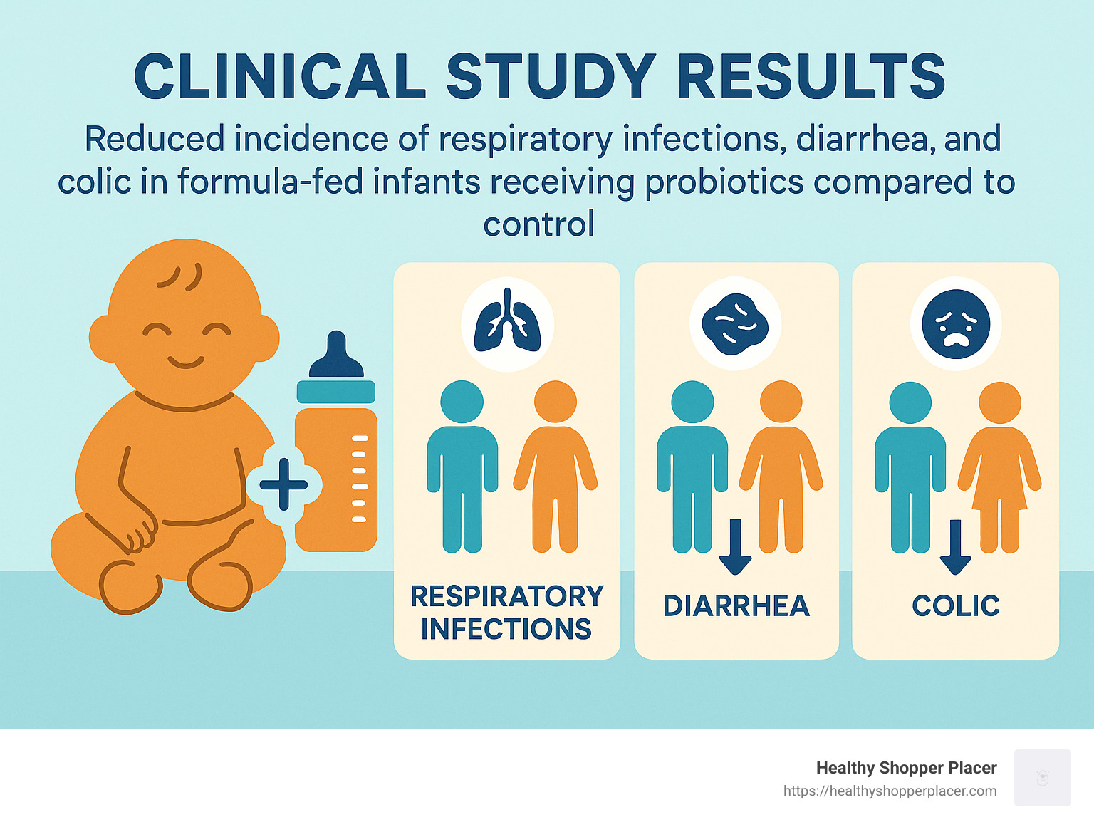 Clinical study results showing reduced incidence of respiratory infections, diarrhea, and colic in formula-fed infants receiving probiotics compared to control groups - probiotics for formula fed babies infographic 