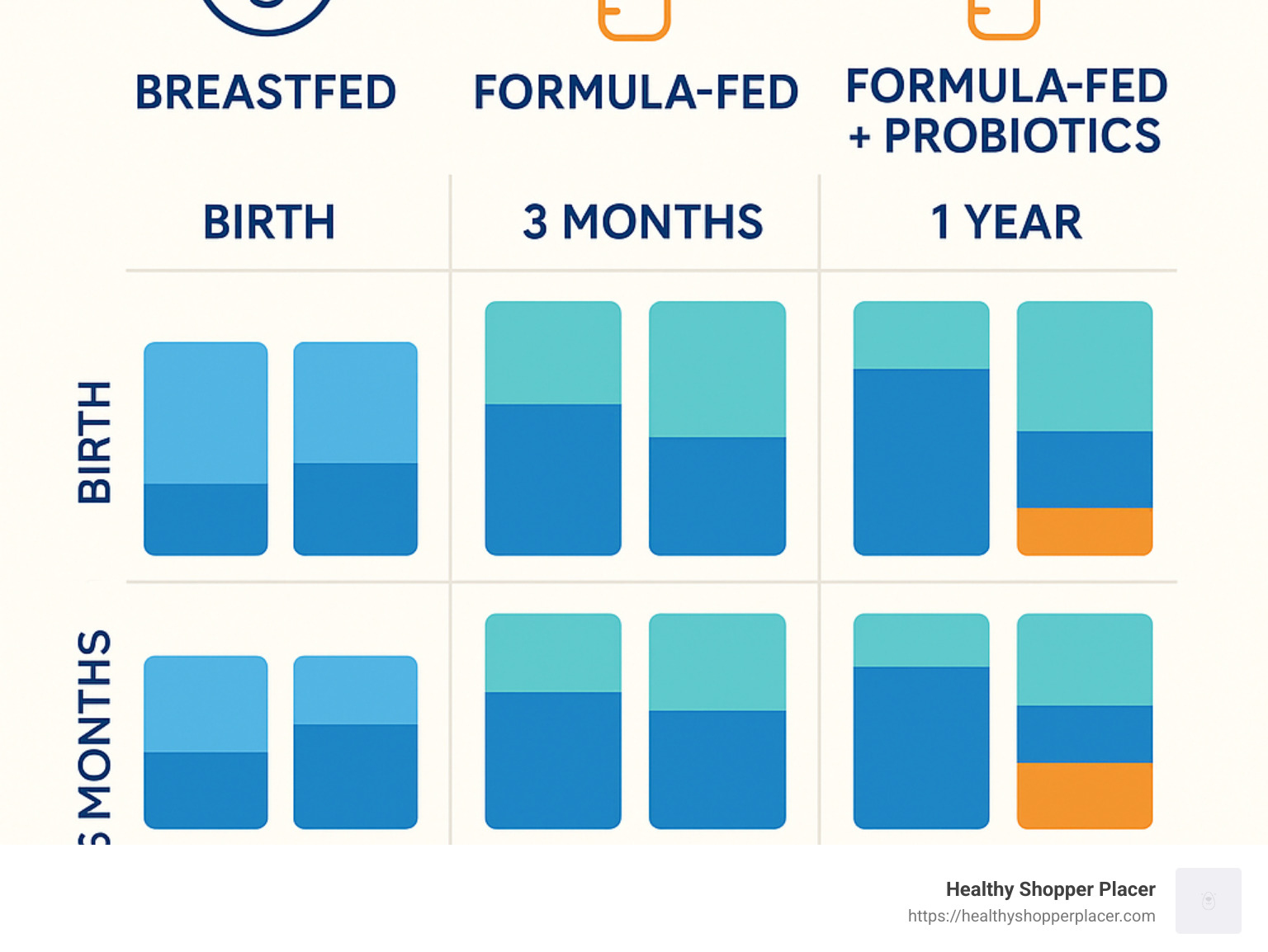 Comparison chart showing gut bacteria composition in breastfed vs formula-fed infants at birth, 3 months, 6 months, and 1 year, with probiotic supplementation effects shown in a third column - probiotics for formula fed babies infographic 