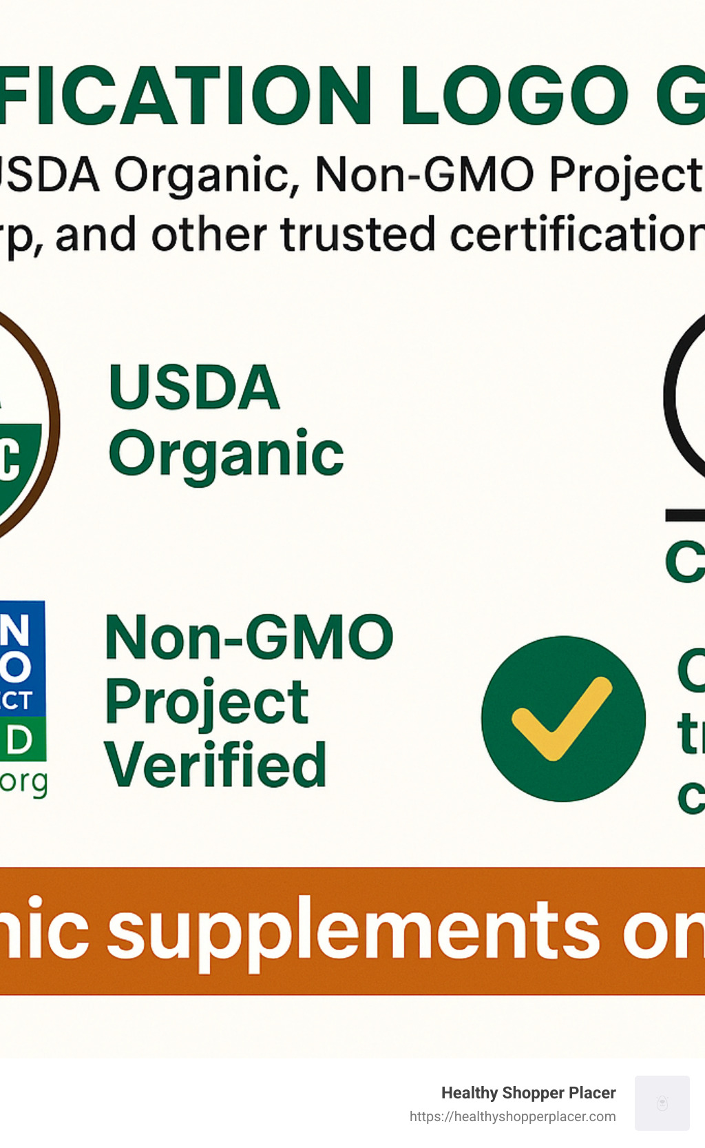 Certification logo guide showing USDA Organic, Non-GMO Project Verified, B Corp, and other trusted certifications - organic supplements online infographic 