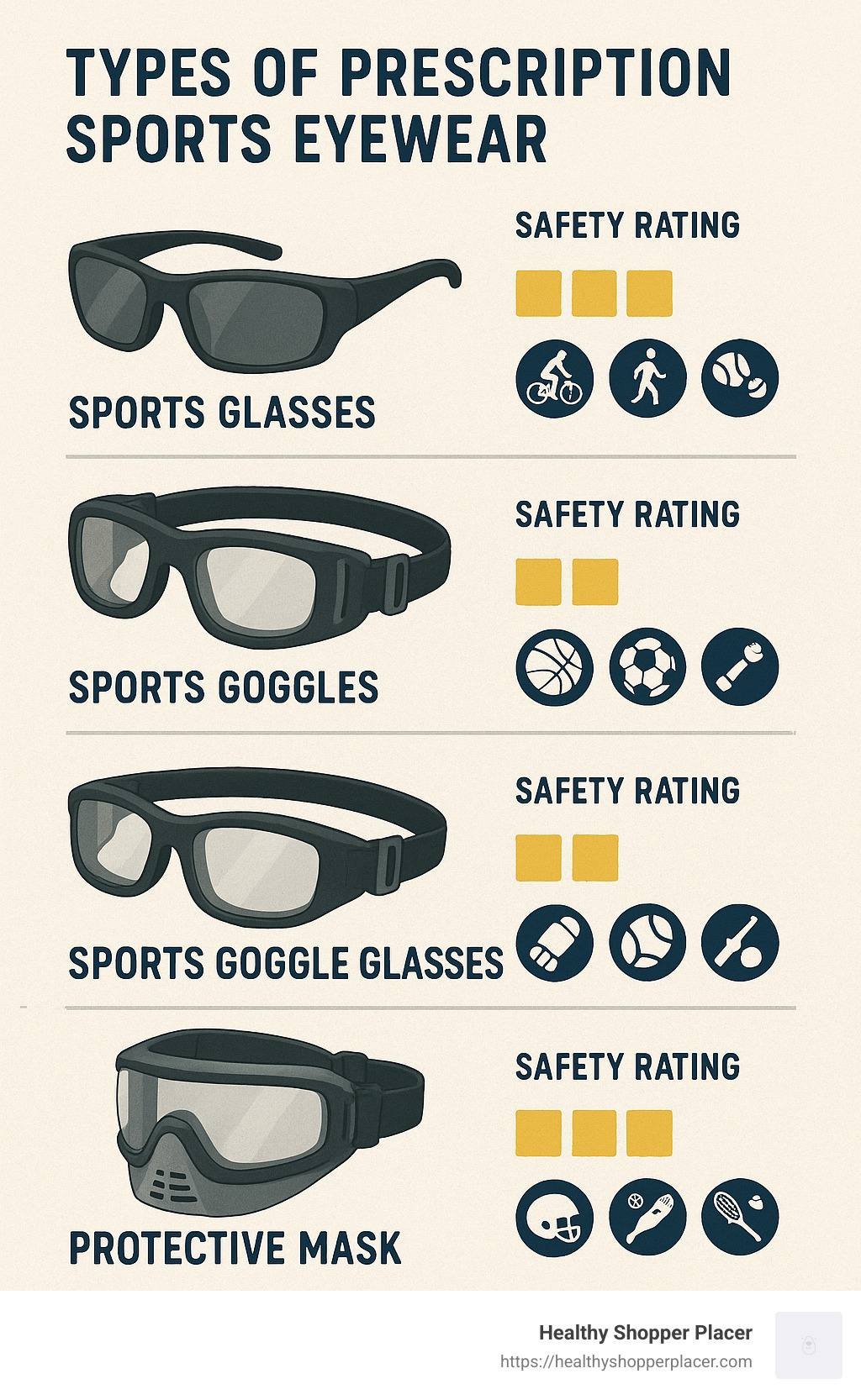 Infographic showing types of prescription sports eyewear with safety ratings and activity recommendations - prescription eyewear for sports infographic 