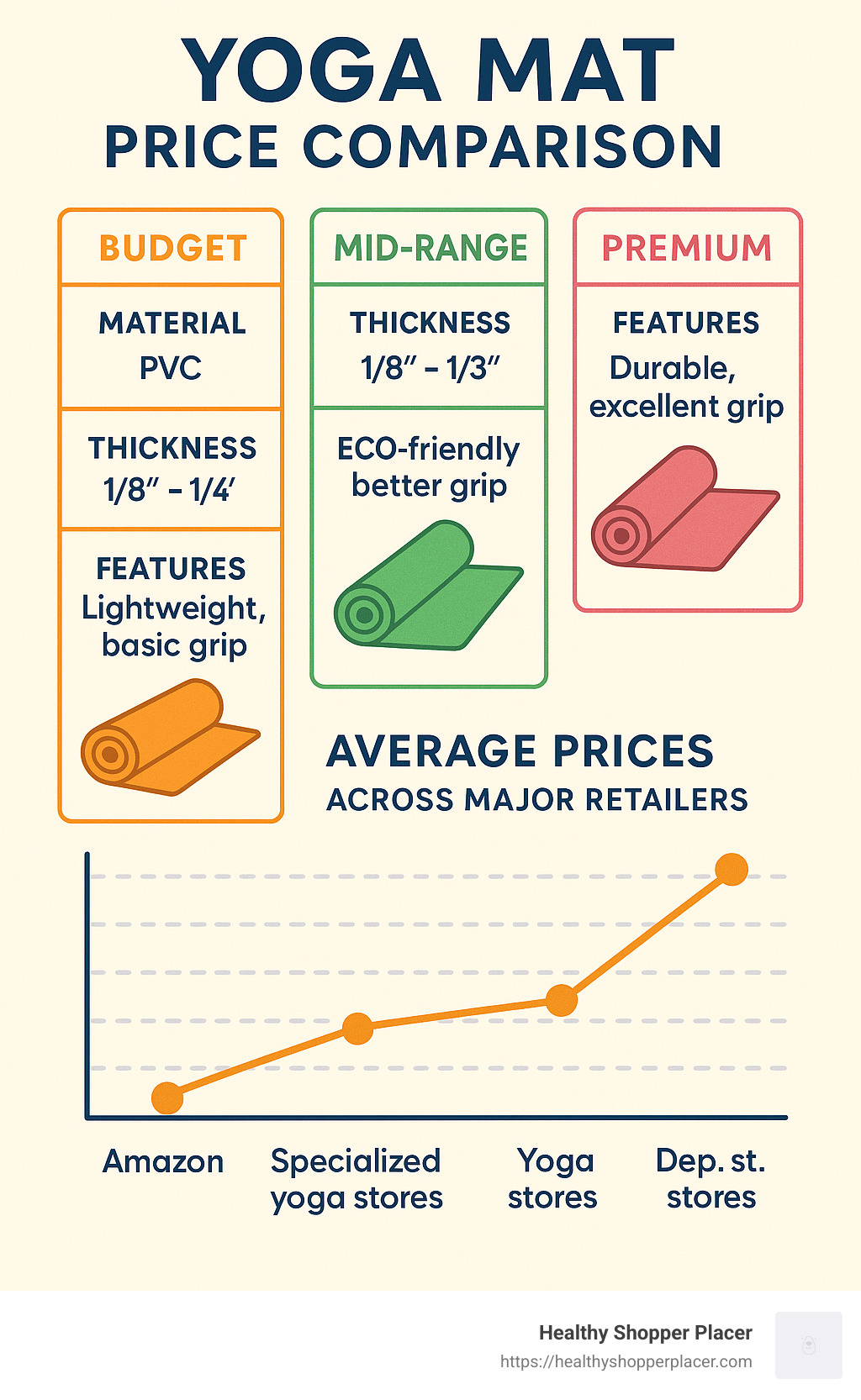 Yoga mat price comparison showing budget, mid-range and premium tiers with material types, thickness options, and key features for each price point, alongside a graph of average prices across major retailers including Amazon, specialized yoga stores, and department stores - online yoga mat price infographic 