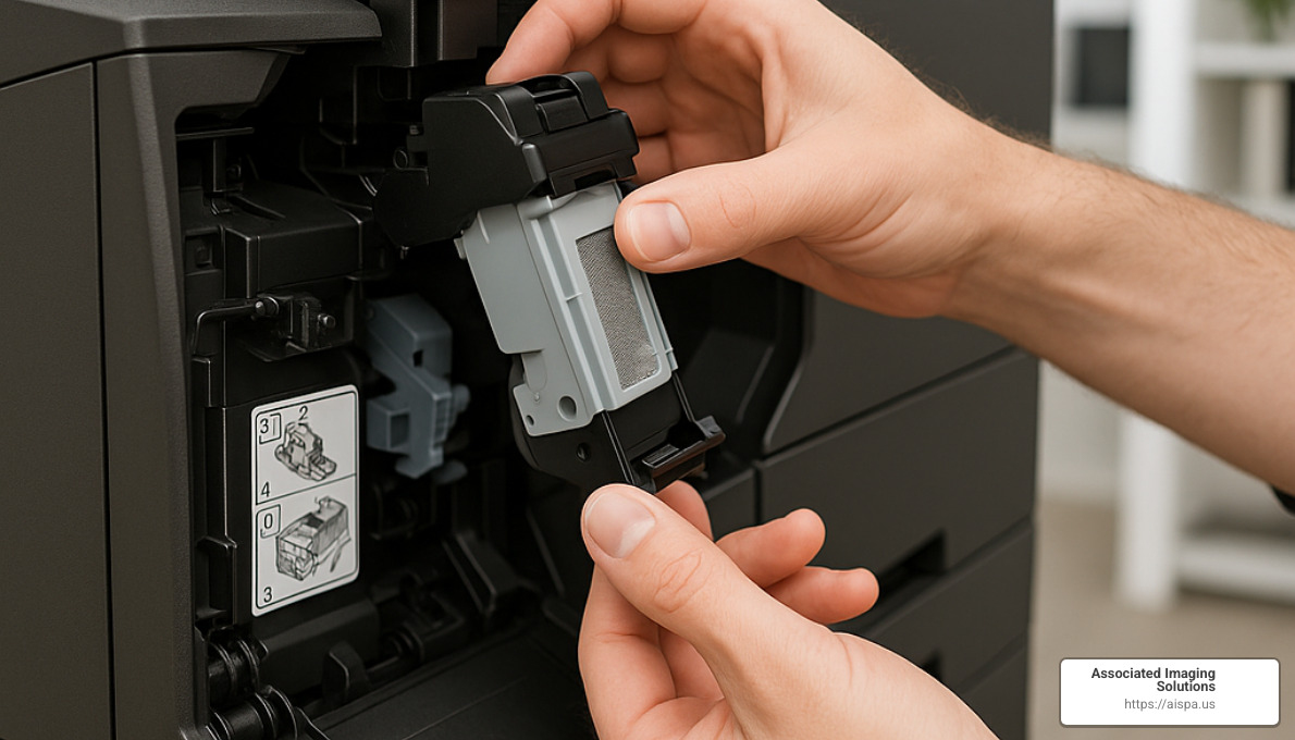 Staple cartridge replacement process for Sharp finisher - how to enable staple option in sharp printer