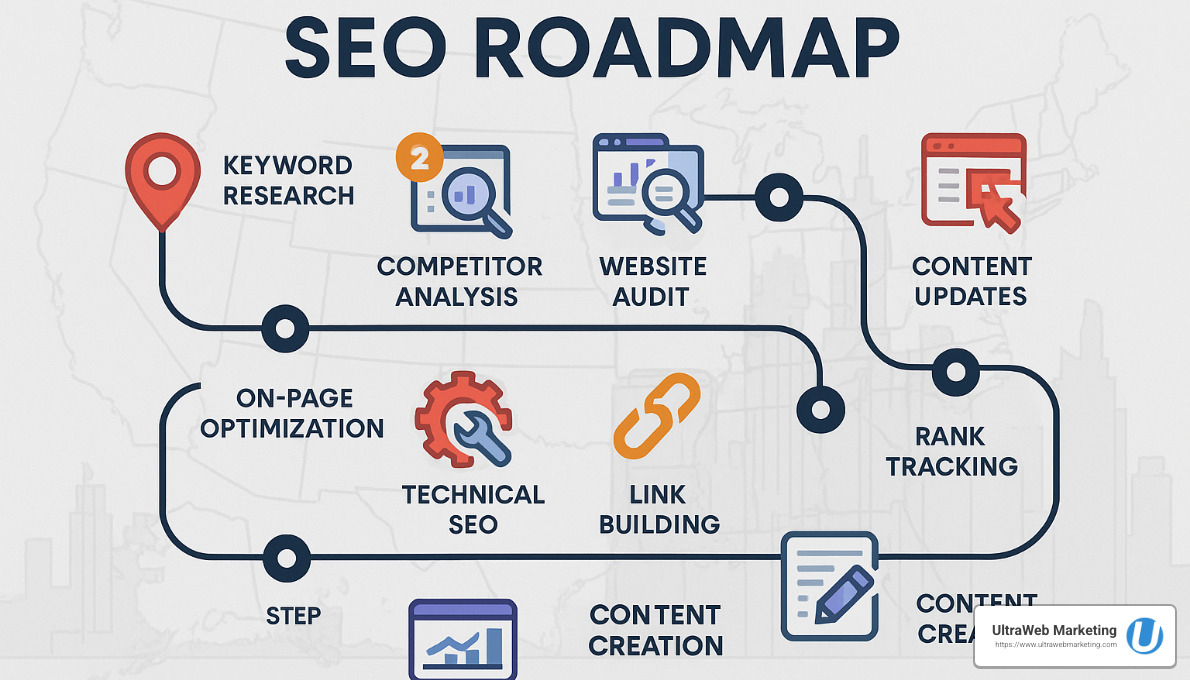 SEO roadmap showing the 9 steps from keyword research to content updates - SEO strategies for businesses