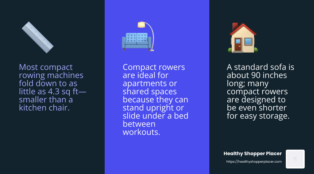 Compact rowing machine size comparison showing standard models (95") vs compact models (80-86") alongside typical furniture like a three-seat sofa (90") to illustrate space requirements and storage options - Compact rowing machine reviews infographic 3_facts_emoji_blue