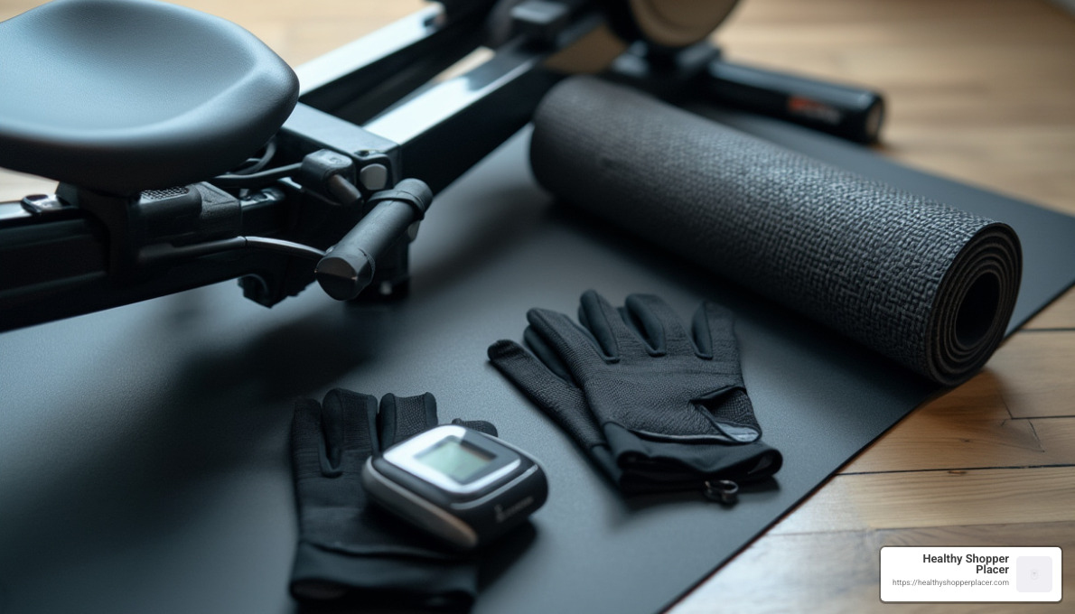 Rowing machine accessories including heart rate monitor, exercise mat, and rowing gloves - Compact rowing machine reviews