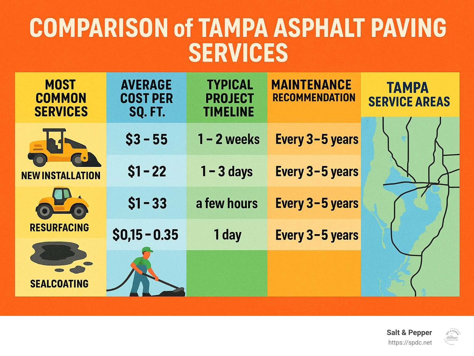 Comparison of Tampa asphalt paving services showing the most common services (new installation, resurfacing, repairs, sealcoating), average costs per square foot, typical project timelines, and maintenance recommendations with a map of Tampa service areas - asphalt paving tampa infographic 