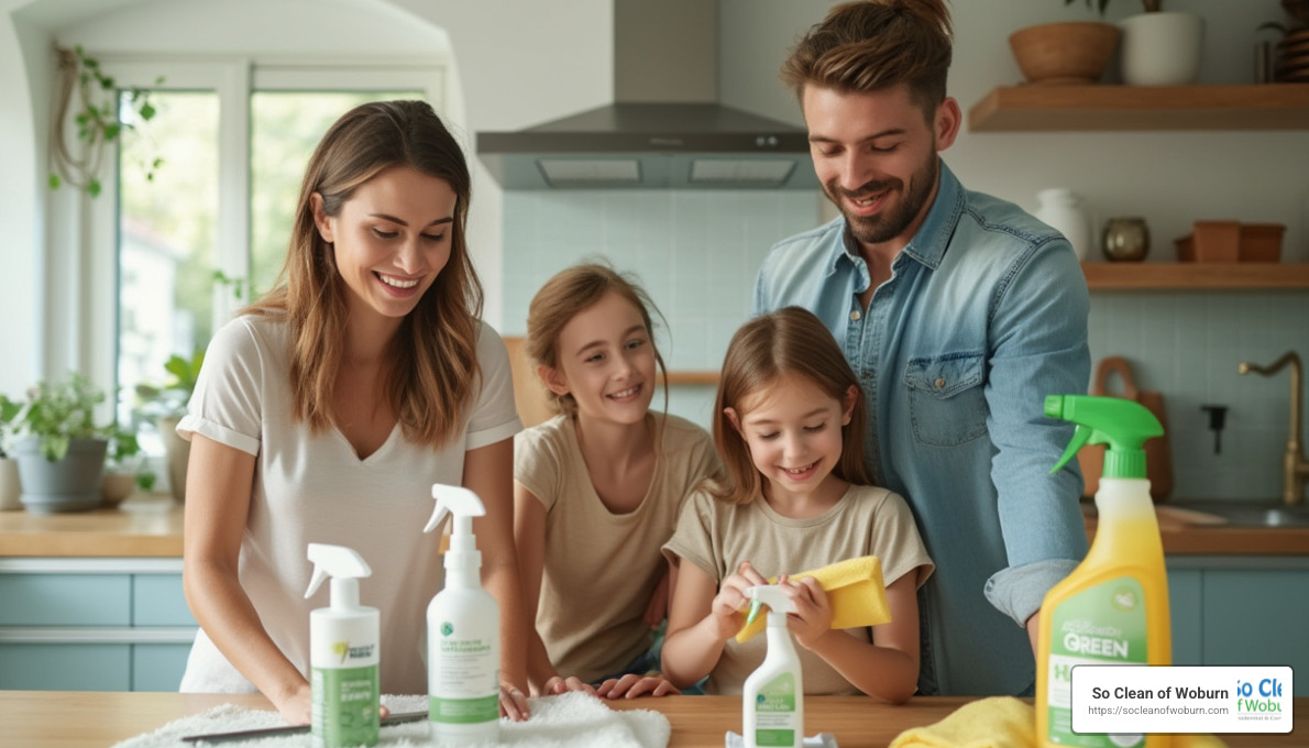 family using eco friendly cleaning products in kitchen - eco friendly cleaning products