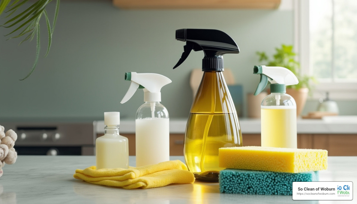 eco friendly cleaning products displayed on kitchen counter - eco friendly cleaning products