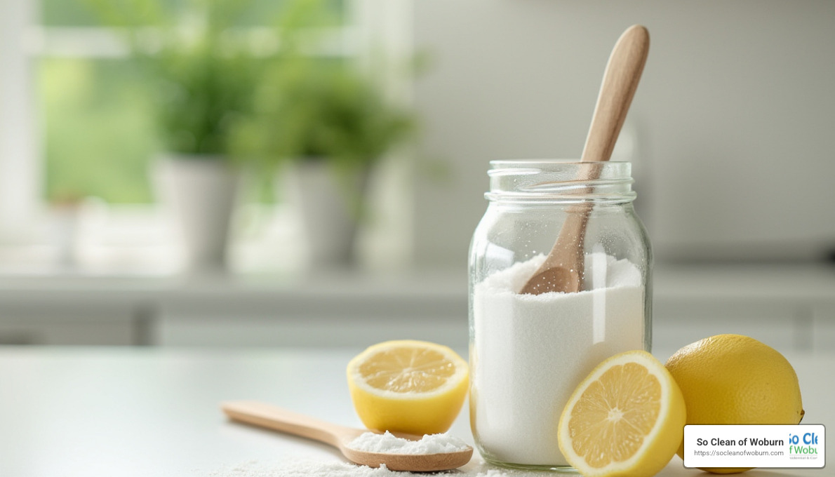 DIY baking soda cleaner in glass jar with lemon - eco friendly cleaning products