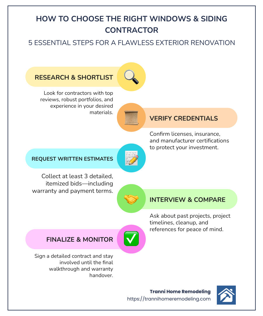 Windows and siding contractor selection process showing steps from research to installation completion - windows and siding contractors infographic infographic-line-5-steps-colors