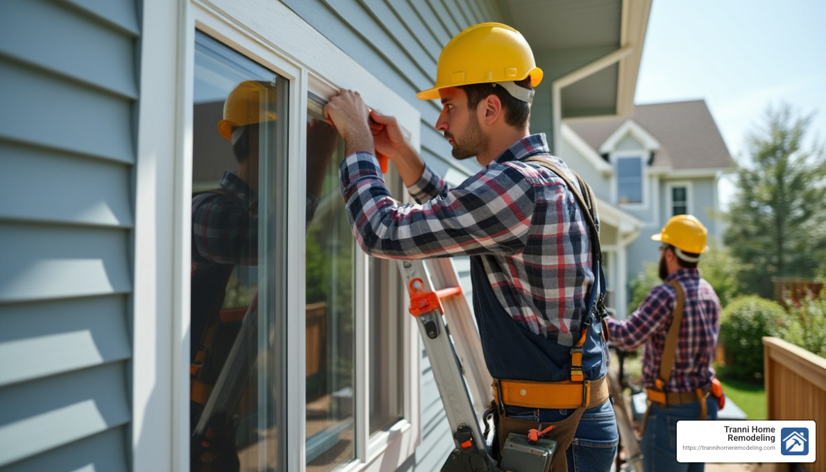 crew installing new windows on a home - windows and siding contractors