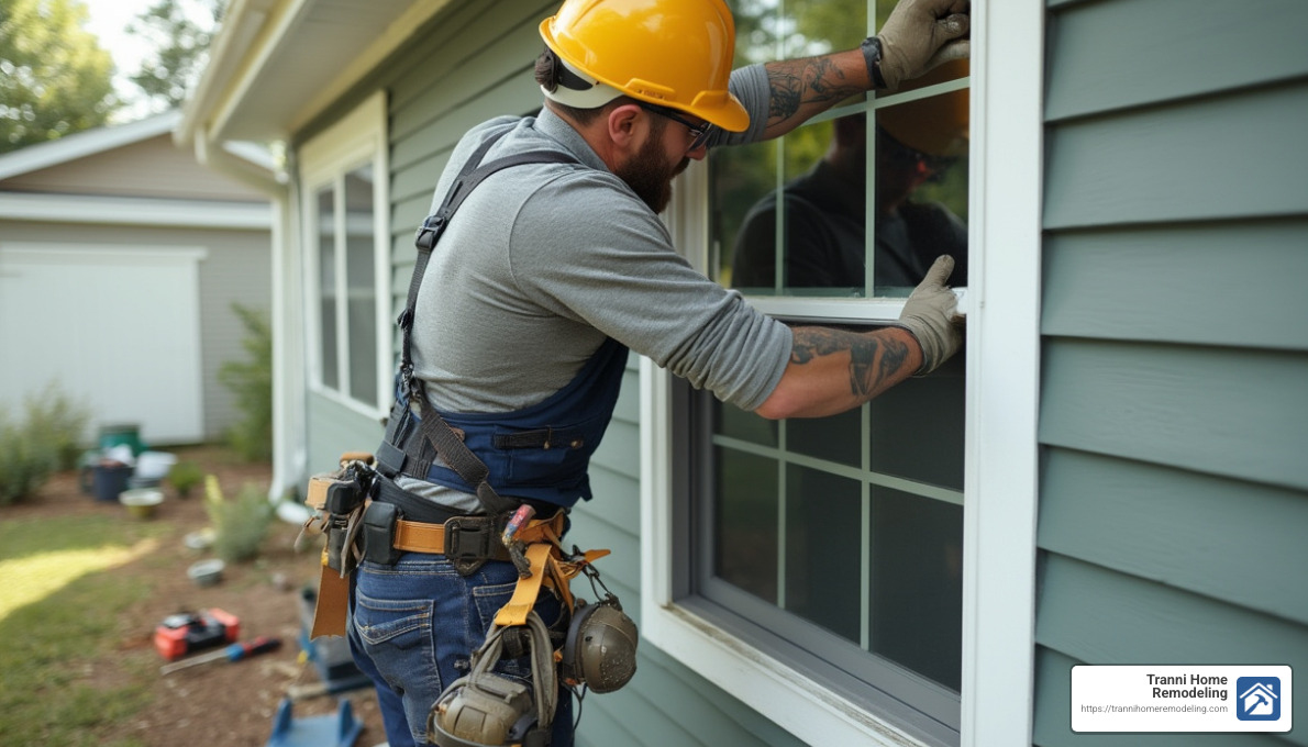 contractor installing new window in home - windows and siding contractors